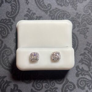 VVS Moissanite Sterling Silver Square Halo Stud Earrings - White